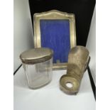 THREE HALLMARKED SILVER ITEMS TO INCLUDE A LONDON LIDDED POT AND GLASS HOLDER AND A FRAME WITH AN