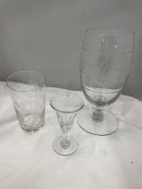 THREE HAND BLOWN GLASSES TO INCLUDE A GEORGIAN ALE GLASS, A VICTORIAN CELERY VASE AND A FURTHER