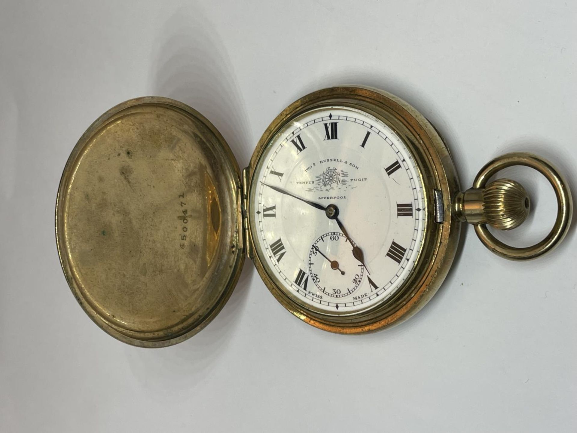 A GOLD PLATED THOS RUSSELL AND SON LIVERPOOL POCKET WATCH SEEN WORKING BUT NO WARRANTY IN A - Image 3 of 3