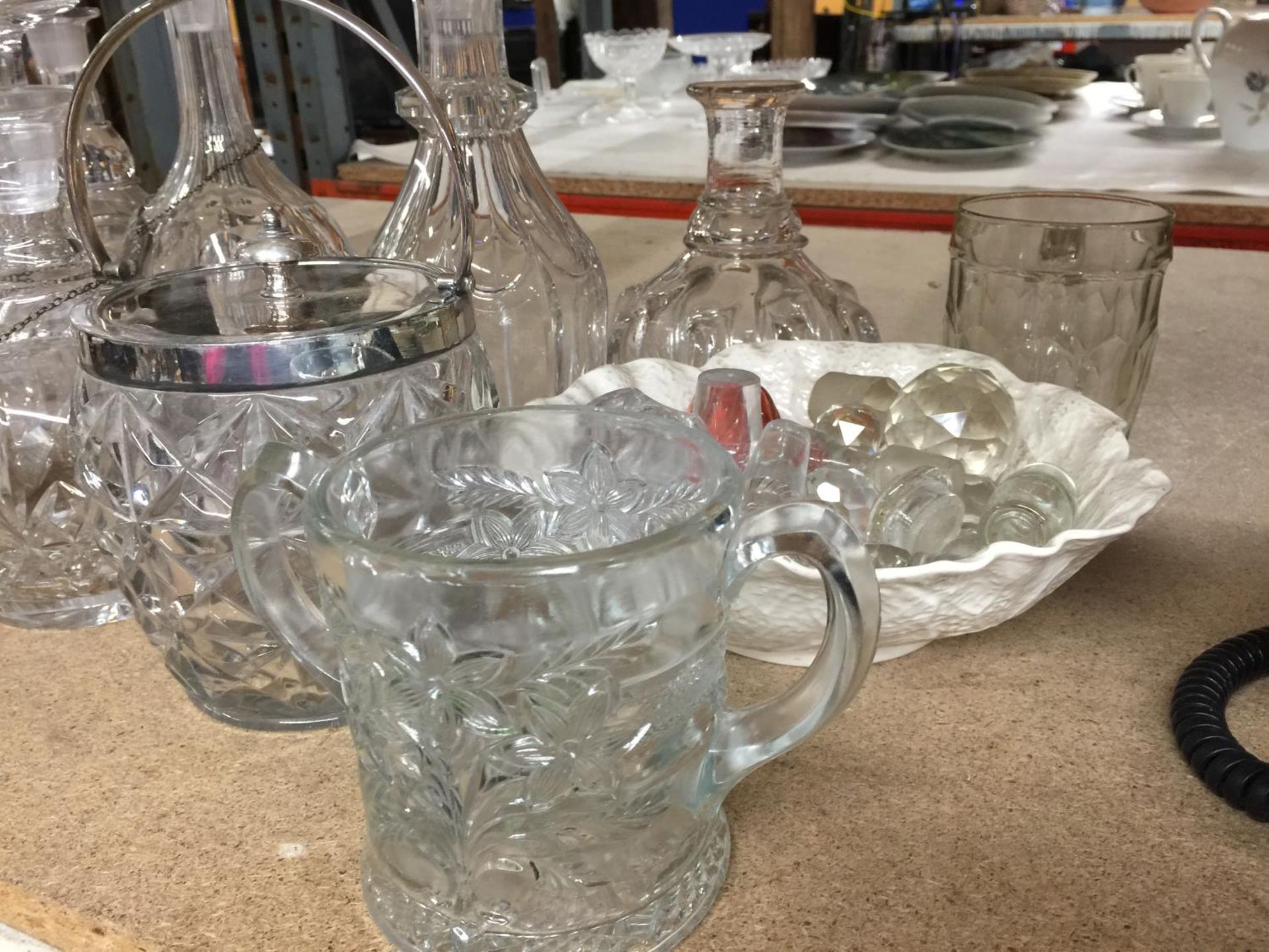 A QUANTITY OF GLASSWARE INCLUDING MAINLY DECANTERS, SOME WITH NAME TAGS PLUS A SCENT BOTTLE, BISCUIT - Image 6 of 6