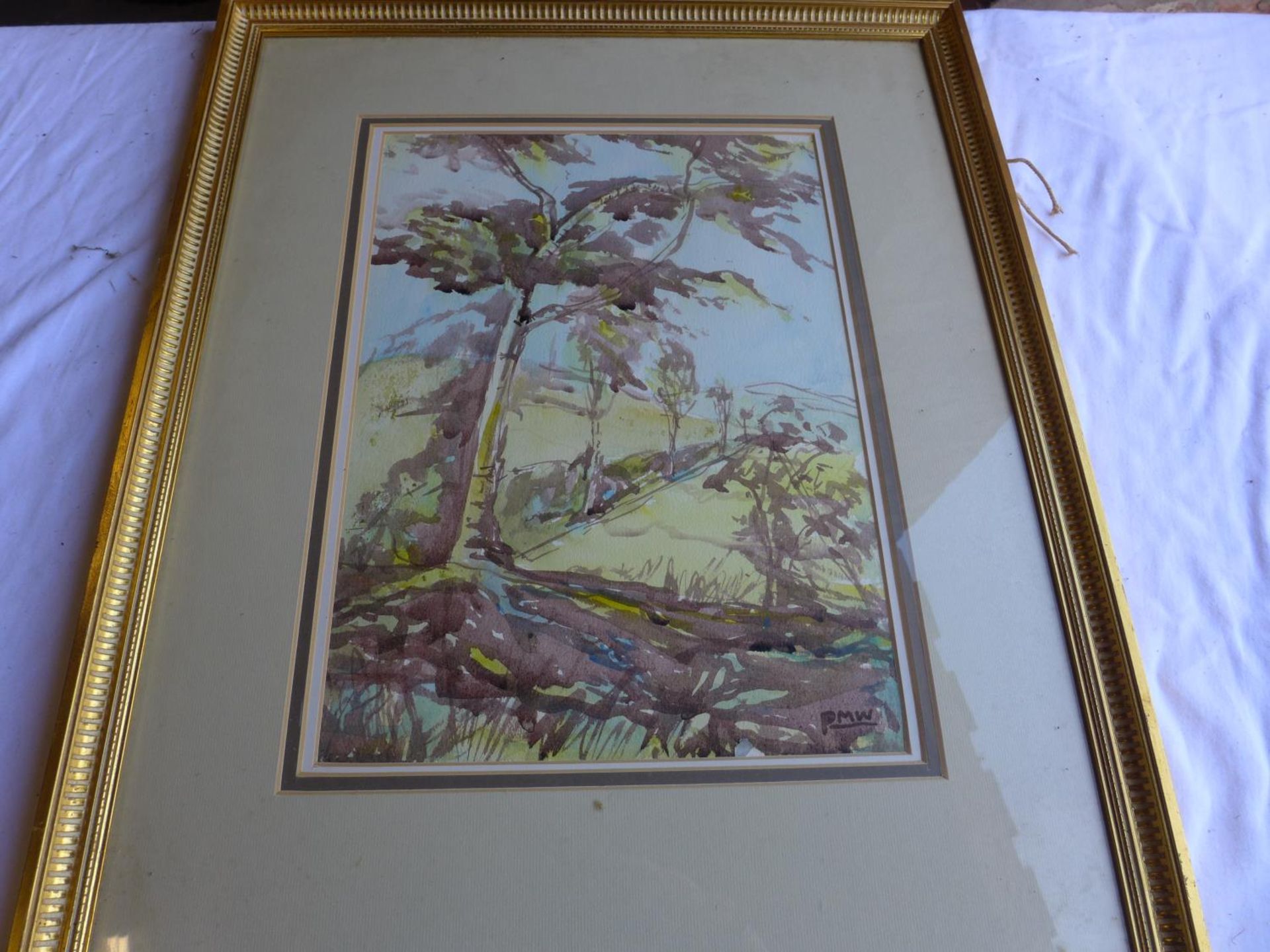 PAT WHITE, WOODLAND SCENE, WATERCOLOUR, BEARS INITIALS P.M.W., 38X27CM, FRAMED AND GLAZED, FROM