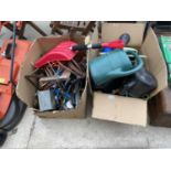 A LARGE ASSORTMENT OF TOOLS TO INCLUDE AXEL STAND, WATERING CANS AND AN OIL BURNER ETC