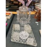 A QUANTITY OF GLASSWARE INCLUDING AN ICE BUCKET, VASES, DRESSING TABLE ITEMS, ETC