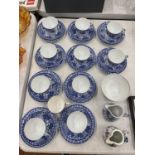 TEN NORITAKE TRIOS IN A BLUE AND WHITE PATTERN PLUS A SUGAR BOWL, CREAM JUG, ETC