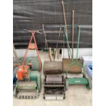 VARIOUS VINTAGE GARDEN TOOLS TO INCLUDE A QUALCAST MOWER, A SUFFOLK PUNCH MOWER AND PICK AXE ETC