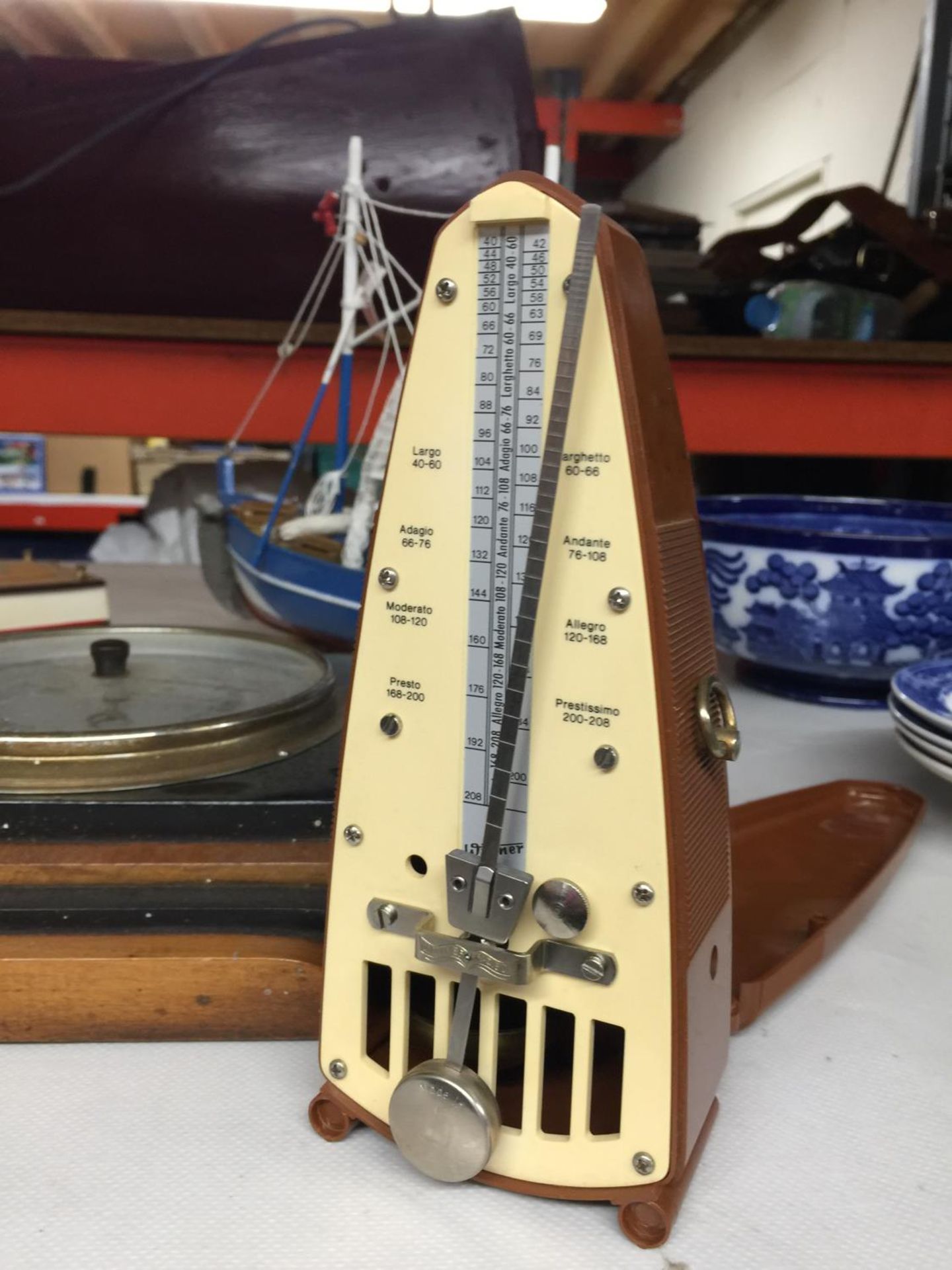 A MODEL OF A TRAWLER ON A STAND LENGTH APPROX 30CM, SPEEDBOAT MODEL, BAROMETER, METRONOME, ETC - Image 5 of 6
