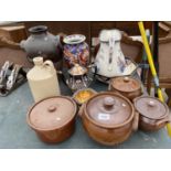 AN ASSORTMENT OF STONE WARE AND CERAMICS TO INCLUDE A JUG AND WASH BOWL, VASES AND TUREEN DISHES ETC