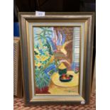 A FRAMED STILL LIFE WATER COLOUR SIGNED BIZOUARN