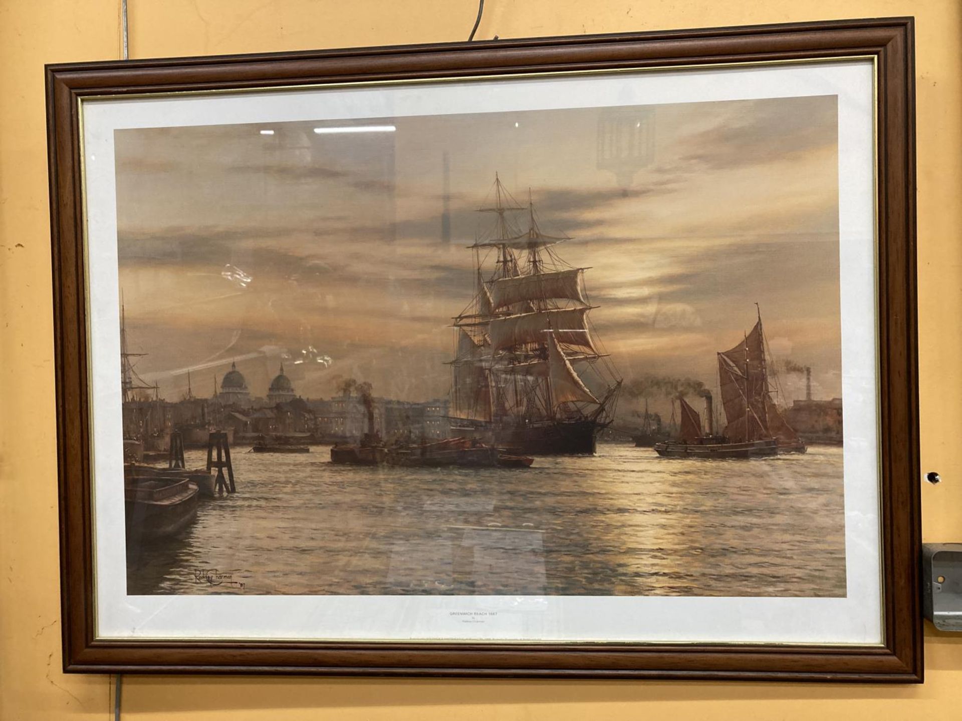 A FRAMED PRINT OF GREENWICH REACH 1887 SIGNED BY RODNEY CHARMAN W: 90CM