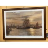 A FRAMED PRINT OF GREENWICH REACH 1887 SIGNED BY RODNEY CHARMAN W: 90CM