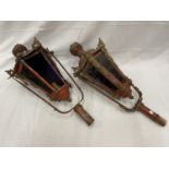 A PAIR OF VINTAGE ORNATE PARADE/MARCHING LANTERNS ONE WITH A GLASS A/F