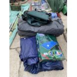 AN ASSORTMENT OF CAMPING ITEMS TO INCLUDE A CHAIR AND A SINGLE AIR BED ETC