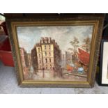 A LARGE OIL ON CANVAS OF A STREET SCENE SIGNED FREDERIC. FRAME IS A/F W: 74CM