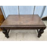 A VICTORIAN OAK JACOBEAN STYLE LIBRARY TABLE WITH ALL-ROUND CARVING, ON BULBOUS PINEAPPLE LEGS,