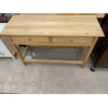 A JOHN LEWIS OAK TWO DRAWER SIDE-TABLE WITH OPEN BASE HAVING GLASS SHELF, 47.5" WIDE