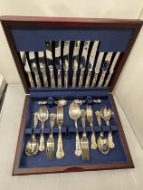 A FORTY THREE PIECE SET CANTEEN OF CUTLERY IN A MAHOGANY CASE