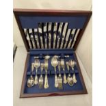A FORTY THREE PIECE SET CANTEEN OF CUTLERY IN A MAHOGANY CASE