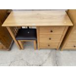 A MODERN OAK SINGLE PEDESTAL DRESSING TABLE AND STOOL, 39.5" WIDE