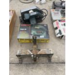 A BLACK AND DECKER CIRCULAR SAW, A BOSCH JIGSAW AND A MITRE SAW STAND