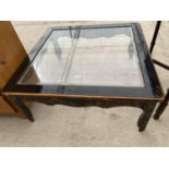 A CHINOISERIE EFFECT COFFEE TABLE WITH INSET GLASS TOP, 37.5" SQUARE