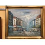 A GILT FRAMED OIL ON CANVAS OF A PARIS STREET SCENE SIGNED BY AMERICAN BORN ARTIST CAROLINE