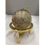 A SMALL GEMSTONE GLOBE WITH BRASS BASE HEIGHT APPROX 20CM