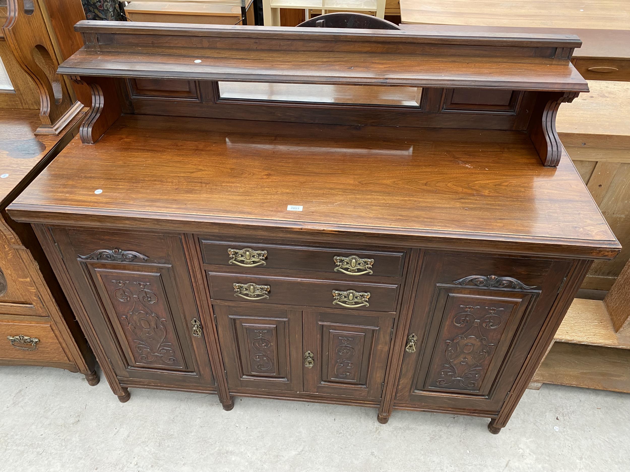 A LATE VICTORIAN SIDEBOARD WITH RAISED BACK, WITH TWO DRAWERS AND FOUR CUPBOARDS TO THE BASE, 59"