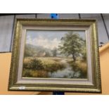 A FRAMED OIL ON CANVAS DEPICTING A PICTURESQUE SCENE OF A DISTANT HOUSE SET IN AN IDEALLIC RURAL