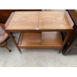 A RETRO TEAK REMPLOY TWO TIER TROLLEY WITH SINGLE DRAWER AND PULL-OUT TOP SECTION, 35X18"
