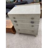 A 1950'S CHEST OF FOUR DRAWERS WITH FRETWORK METAL HANDLES, 30.5" WIDE