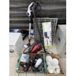 AN ASSORTMENT OF ITEMS TO INCLUDE CERAMICS, TWO VACUUMS AND A PET CAGE ETC