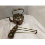 A SET OF THREE COPPER MEASURES FOR BRANDY, RUM AND WHISKY AND A COPPER KETTLE