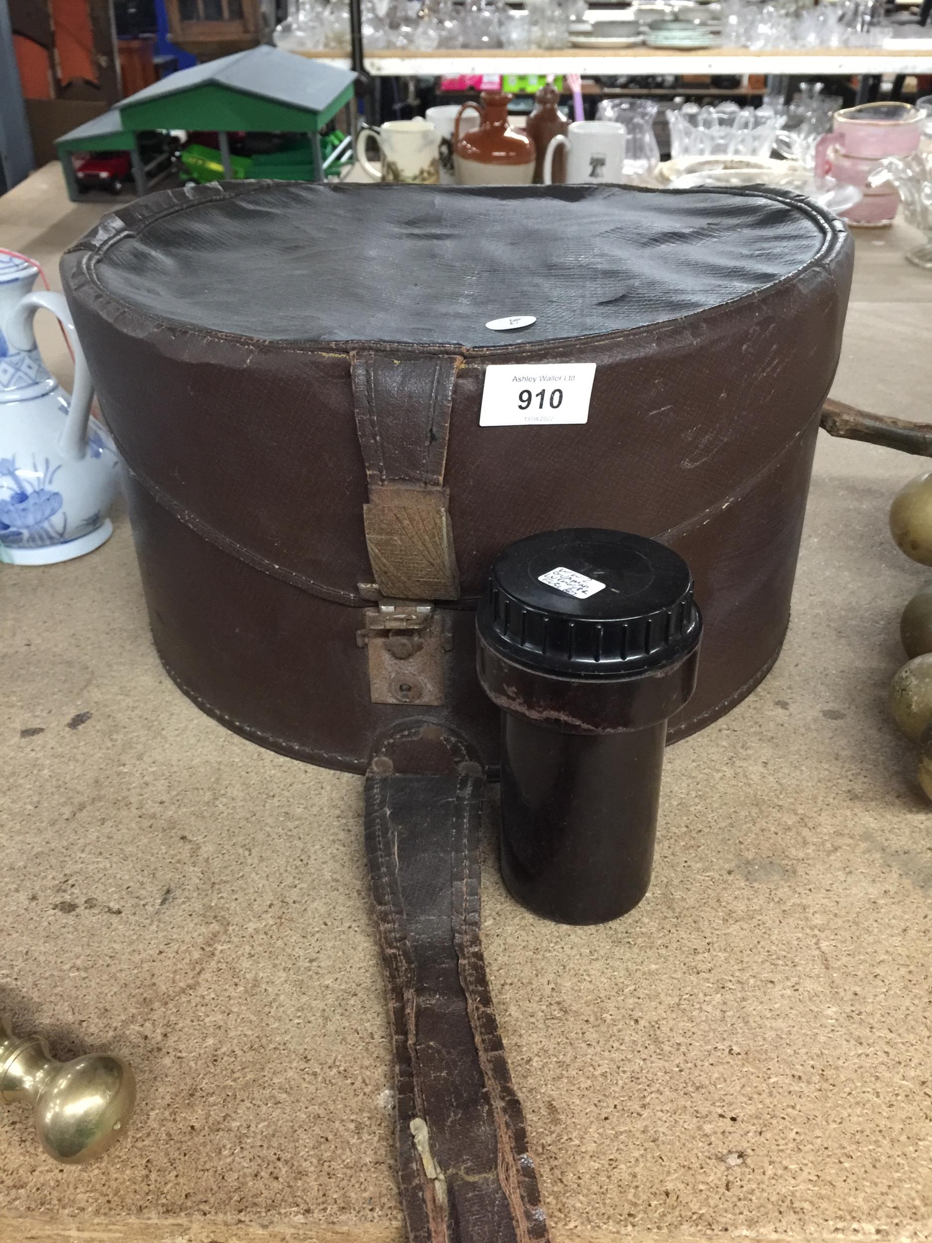 A HAT BOX WITH STRAP AND LOCK ( NO KEY ) AND A WW2 GERMAN FUSE BOX