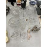 A QUANTITY OF CUT GLASS ITEMS TO INCLUDE SWAN DISHES, BOWLS, SCENT BOTTLE, VASES, ETC