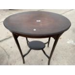 AN OVAL EDWARDIAN MAHOGANY AND INLAID TWO TIER CENTRE TABLE, 27X19"