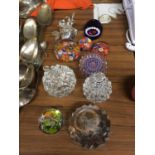 A QUANTITY OF GLASS PAPERWEIGHTS INCLUDING MILLEFIORI STYLE, FRUIT SHAPES, ETC