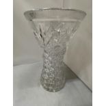 A VERY HEAVY CUT GLASS VASE HEIGHT 37CM