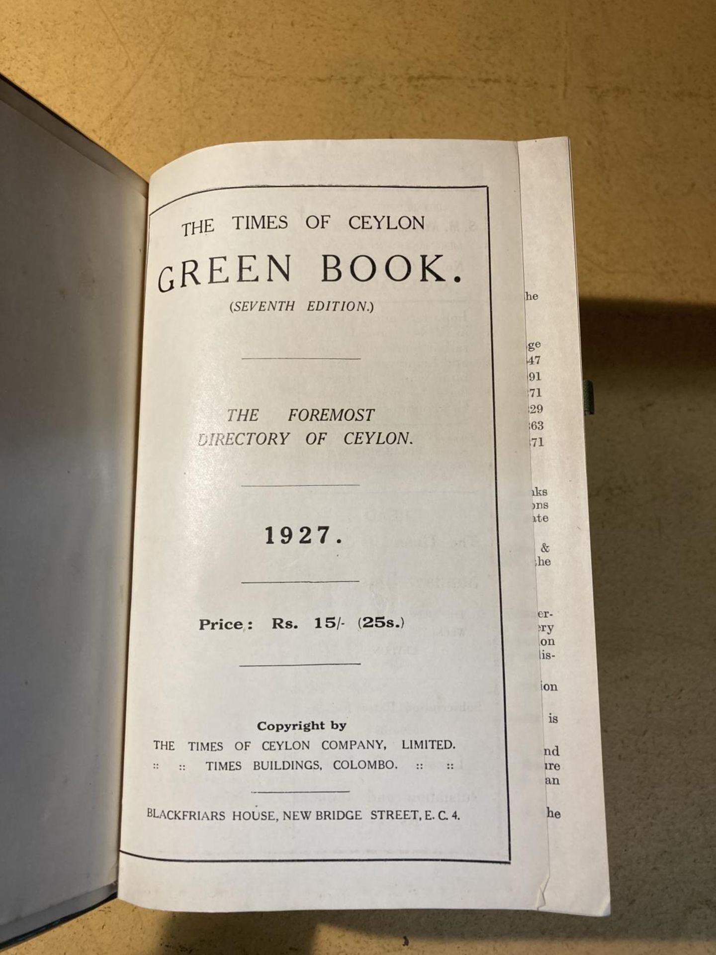 A TIMES OF CEYLON GREEN BOOK 1927 IN A PROTECTIVE CLEAR WRAPPER, PUBLISHED BY BLACKFRIAR HOUSE - Image 5 of 5