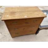 A SMALL PINE CHEST OF THREE DRAWERS WITH BRASS HANDLES, 32.5" WIDE