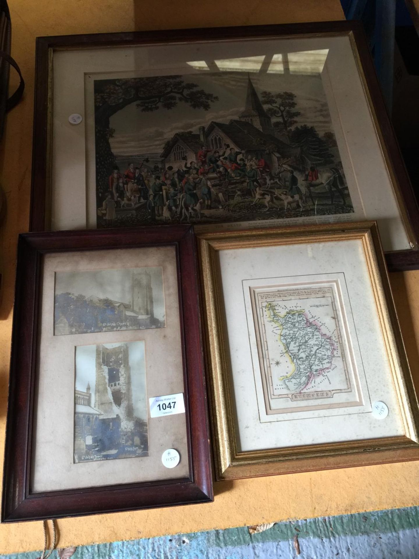 A FRAMED PRINT OF 'THE DEATH OF TOM MOODY', MAP OF CHESHIRE AND ST. JOHN'S TOWER, CHESTER