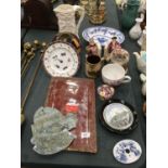 A COLLECTION OF POTTERY ITEMS INCLUDING A RED LUSTRE TRAY, PORTMERION CUP, FIGURINES, JUGS, ETC
