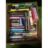 A BOX OF FICTION AND NON FICTION BOOKS TO INCLUDE TERRY PRATCHETT, CELTIC FOOTBALL BOOKS, THE
