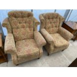 A PAIR OF VICTORIAN STYLE WINGED EASY CHAIRS BY YOUR CHOICE FINE UPHOLSTERY, ON TURNED FRONT LEGS