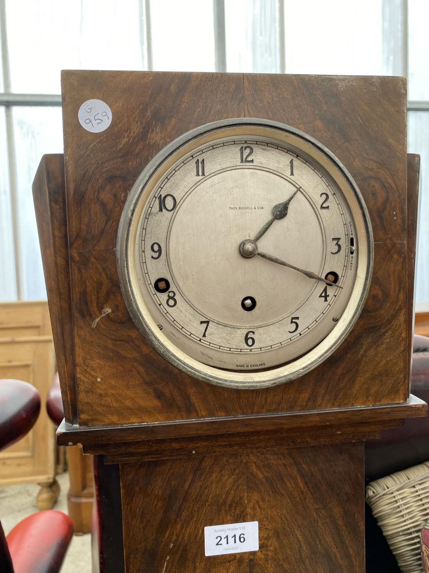 A WALNUT CASED GRANDMOTHER CLOCK STAMPED GARRARD CLOCKS LTD (THOS. RUSSELL & SON), LACKING GLASS - Image 2 of 4