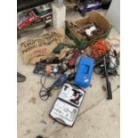 AN ASSORTMENT OF TOOLS TO INCLUDE TWO ANGLE GRINDERS, WORK LAMPS AND A BOSCH DRILL ETC