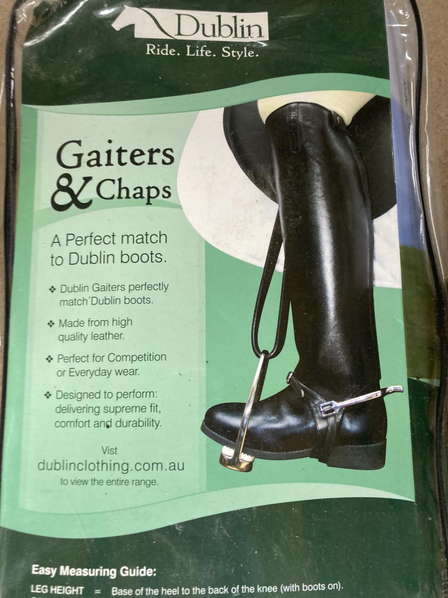 A PAIR OF 'DUBLIN' LEATHER GAITERS AND CHAPS SIZE MEDIUM, BRAND NEW IN PACKAGING - Image 2 of 3