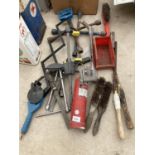 AN ASSORTMENT OF TOOLS TO INCLUDE A SCISSOR DRILL, SPANNERS AND FILES ETC