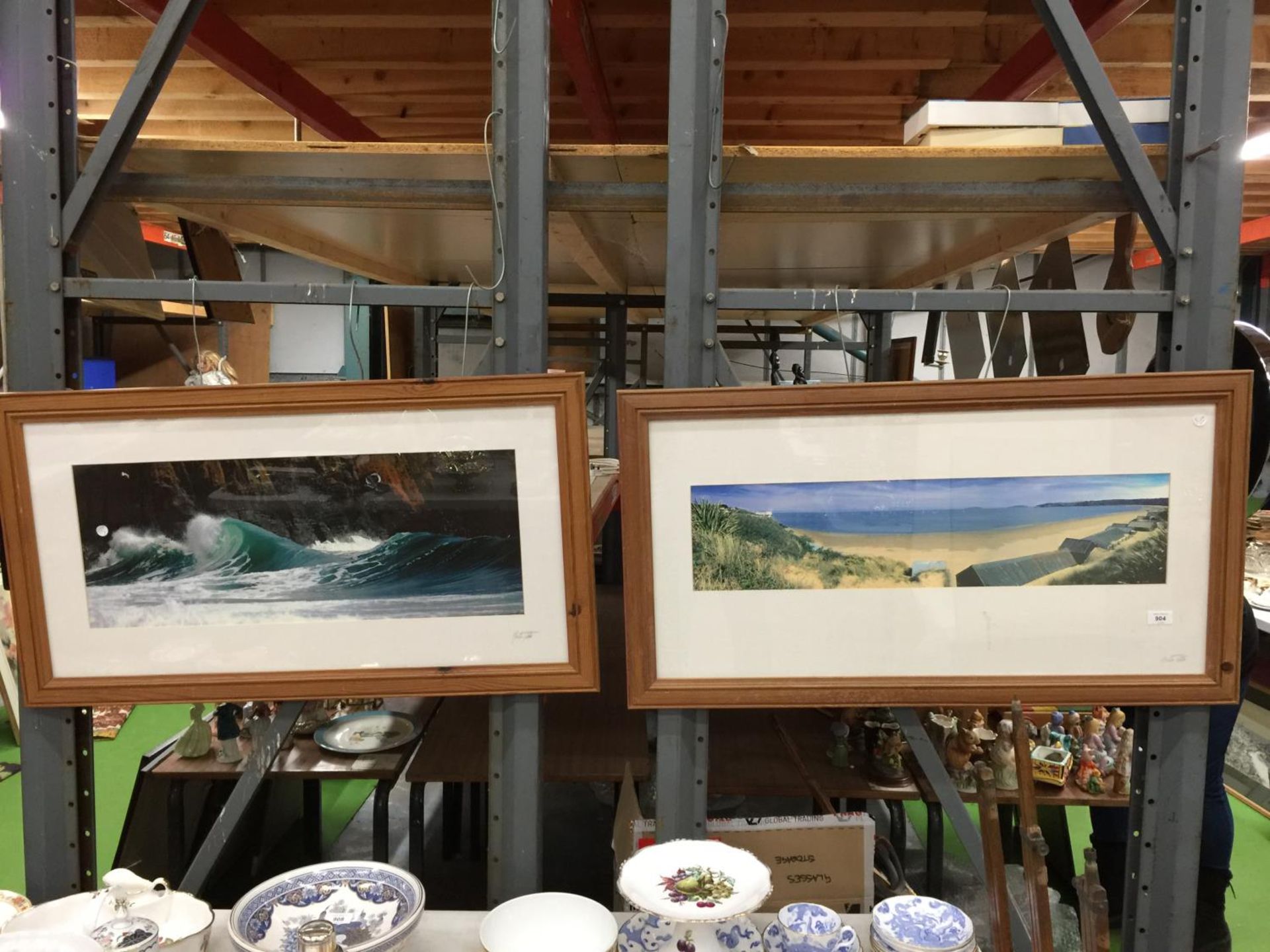 TWO LARGE FRAMED PHOTOGRAPHS OF THE BEACH AND SEA AT ABERSOCH 98CM X53CM