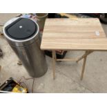 A FOLDING WOODEN TABLE AND A BRABANTIA BIN