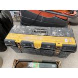 A PLASTIC STANLEY TOOL BOX AND AN ASSORTMENT OF TOOLS TO INCLUDE A BRACE DRILL AND SCREW DRIVERS ETC